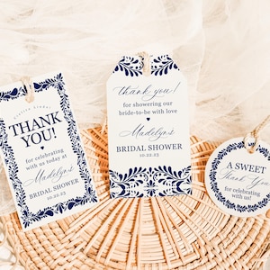 Blue Talavera Bridal Shower Favor Tags Printable Template, Spanish Tile Mexican Couples Shower Fiesta, Papel Picado Bridal Brunch WP1018