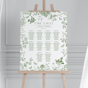 Groene toile de jouy bruiloft zitplaatsen grafiek afdrukbare sjabloon, olijf chinoiserie Frans thema bruiloft salie wilde bloemen bruidsbrunch WP1007