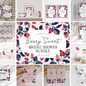 Pink Strawberry Bridal Shower Printable Bundle, love is Berry sweet bridal shower for spring or summer wedding decor, instant download