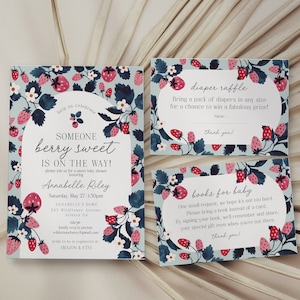 Mint Strawberry Baby Shower Invitation Bundle Instant Download, Berry sweet baby shower for spring summer fresh fruit baby shower for girl