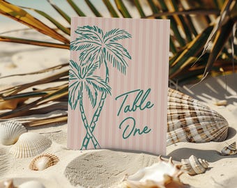 Rosa Palm Springs Tischnummer Karten Vorlage, Vintage Palme Strand Cabana Geburtstag Pool Party, Tropisches Pastell Bachelorette Thema WS1046