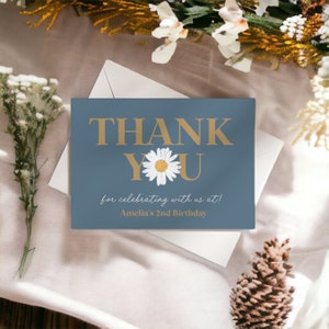 Navy Blue Daisy Thank You Card Printable, instant download wildflower birthday or baby shower for girl our little daisy is almost here