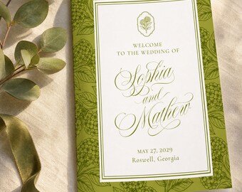 Chartreuse Hydrangea Wedding Program, Editable Olive Green Ceremony Program, Green Hydrangea Folded Program, Instant Download, WP2003-4
