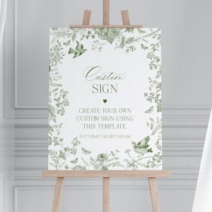 Plantilla imprimible de letrero personalizado de Toile de Jouy verde para baby shower, boda con temática francesa de estilo chinoiserie en tonos oliva y flores silvestres en tonos salvia para despedida de soltera WP1007