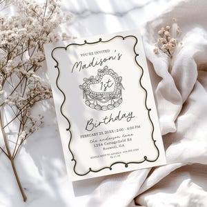 Beige Coquette Heart Cake 1st Birthday Invitation Template, Vintage French Theme, Black Bow February First Birthday Party Decor WP1033