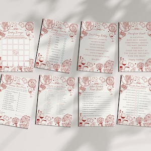 以下が含まれることがあります： 赤ワインとピザをテーマにした、ベビーシャワーゲームカード8枚セット。「ベビービンゴ」、「ベビートレイト」、「おしゃぶりハント」などのゲームが含まれています。ワインボトル、グラス、ピザのスライスのイラストが特徴です。