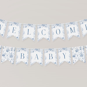 Modelo de banner para chá de bebê Blue Toile De Jouy para impressão, Baby in Bloom Wildflower Chinoiserie Baby Brunch Toile Borboletas Pássaros WP1004