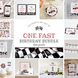 Red Race Car First Birthday Bundle Template, instant download fast one 1st birthday bundle for boy, Racing Retro Vintage Car Birthday