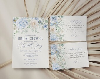 Blue Floral Bridal Shower Invitation Bundle Printable Template, Something Blue spring bridal shower, Light Blue Hydrangeas Flowers, WP3017