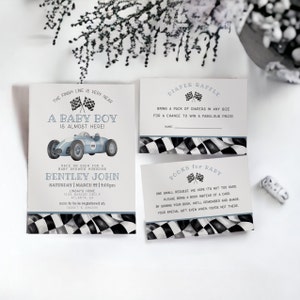 Blue Race Car Baby Shower Invitation Template, instant download vintage race on over baby shower for boy,