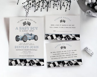 Blue Race Car Baby Shower Invitation Template, instant download vintage race on over baby shower for boy,