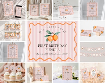 May include: A printable first birthday party bundle with a citrus theme. The bundle includes a variety of printable items, such as invitations, thank you cards, food labels, and decorations. The design features a pink and white striped background with orange illustrations of citrus fruits.