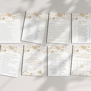 Plantilla imprimible de juego de despedida de soltera con diseño de Toile de Jouy dorado, decoración de brunch nupcial con estilo chinoiserie dorado vintage, fiesta campestre francesa ornamentada