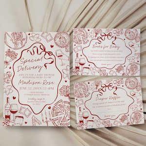 以下が含まれることがあります： 赤と白のデザインのベビーシャワーの招待状。「Special Delivery」と「Madison Rose」の文字が入っています。デザインには食べ物とワインのイラストが含まれています。「Books for Baby」と「Diaper Raffle」の追加カード。