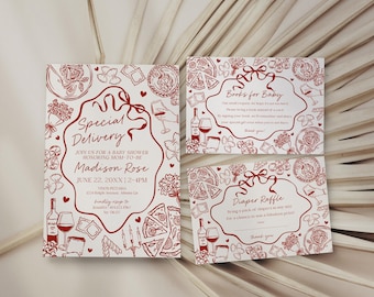 Plantilla imprimible para invitación a baby shower con temática de pasta roja, entrega especial Ciao Baby Sprinkle, pasta italiana y chupetes WP1085