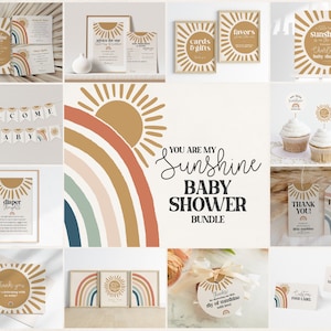 You are my Sunshine Boho Rainbow Baby Shower Bundle Printable, a little ray of sunshine is on the way, gender neutral baby shower template