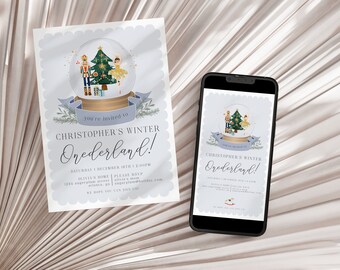 May include: A winter invitation design featuring a snow globe illustration with a Christmas tree, a ballerina, and a nutcracker. The invitation is on a light blue background with the text "CHRISTOPHER'S WINTER Onederland!" displayed on a white paper and a smartphone.