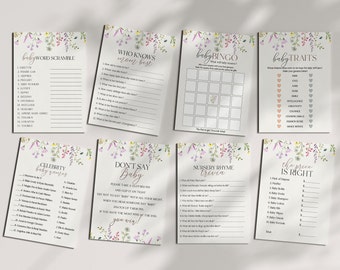 Peut inclure: Un ensemble de dix cartes de jeu de baby shower imprimables avec des bordures florales. Les jeux comprennent "Baby Word Scramble", "Qui connaît le mieux maman", "Baby Bingo", "Traits de bébé", "Noms de bébés célèbres", "Ne dites pas bébé", "Quiz sur les rimes de la crèche" et "Le prix est juste".