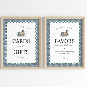 Cartes colvert & cadeaux et faveurs signe modèle imprimable, décor de fête d'anniversaire modifiable un canard porte-bonheur pour garçon aventure baby shower Vichy