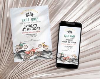 Dirt Bike First Birthday Fast One Invitation Printable Template, Little racer 1st birthday for boy, motor bike racing theme off-road, WP3002