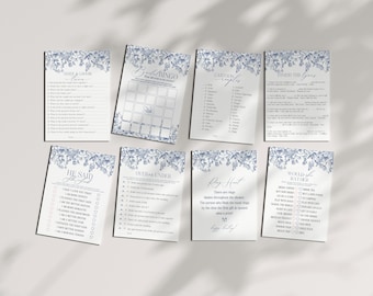 Blue Chinoiserie Bridal Shower Games Set Printable Template, Something Blue Before I Do Spring Bridal Shower, Toile French Brunch WP1030