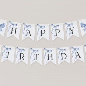 Blue Bow Birthday Banner Printable Template, Fancy Coquette Bow Theme Party for Southern Girl, Grandmillenial Bow Theme Party Decor WP1031