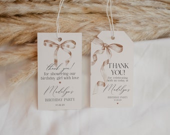 Beige Bow Birthday Favor Tags Printable Template, Neutral preppy coquette bow theme party for fancy southern girl, grandmillenial bow