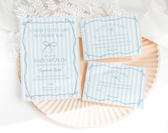 Blue Coquette Bow Baby Shower Invitation Template, Pastel Blue Grandmillennial Theme Baby Sprinkle with Whimsical Hand Drawn Bows WP1061