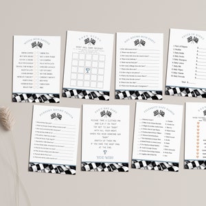 Blue Race Car Baby Shower Games Bundle Instant Download, Race on Over a Little Racer is on the Way Baby Shower for Boy, Printable Template