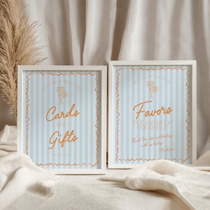 Blaue Palm Springs Karten & Geschenke und Bevorzugungen Schild Vorlage, Vintage Palme Strand Cabana Geburtstag Pool Party, Tropische Bachelorette WS1048