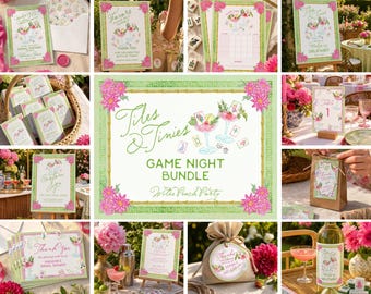 Könnte beinhalten: Eine Sammlung von Partyartikeln mit floralem Thema. Die Artikel umfassen Einladungen, Schilder und Gastgeschenkanhänger, alle mit einem grünen und rosa Farbschema. Der Text "Tiles & Tinies Game Night Bundle" ist sichtbar.