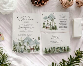 Forest Woodland Theme Baby Shower Invitation Template, let the adventure begin baby shower, diaper raffle and books for baby card WP1028