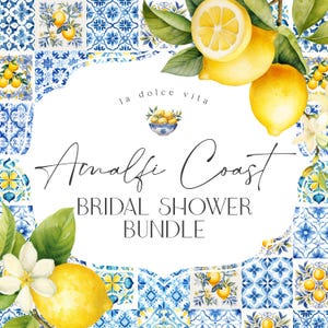 Amalfi Coast Bridal Shower Printable Bundle, Lemon Citrus Mediterranean shower decor with blue tile, Coastal Italian tuscan beach party