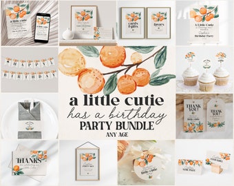 May include: A watercolor illustration of orange blossoms with a party bundle for a birthday celebration. The bundle includes invitations, thank you tags, food labels, cupcake toppers, and a banner that says "Happy Birthday".