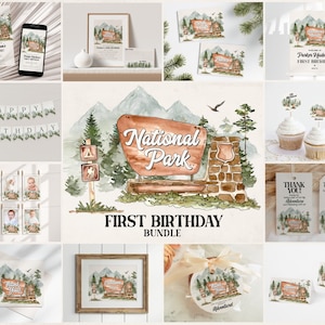 National Park First Birthday Bundle Printable Template, Woodland Outdoor 1st Birthday Party Decor, Woodsy Wilderness Bday Party WP1005