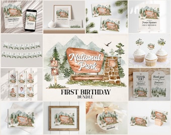 National Park First Birthday Bundle Printable Template, Woodland Outdoor 1st Birthday Party Decor, Woodsy Wilderness Bday Party WP1005