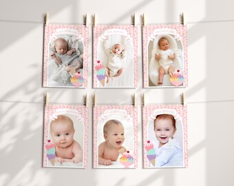 Ice Cream Sundae 1st Birthday Milestone Banner Template, Sweet One First Birthday, Pastel Sprinkles Party Decor WP1073