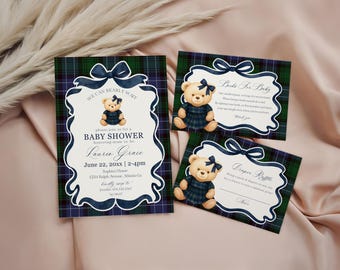 Preppy Bear Girl Baby Shower Invitation Printable Template, We Can Bearly Wait Old Money Baby Sprinkle, Tartan Plaid Coquette Bow WP1080