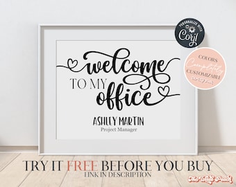 Bienvenido a mi oficina imprimible, decoración de pared de oficina femenina para mujeres, impresiones de Lady Boss, decoración de cubículo para mujer, impresión de cubículo personalizada