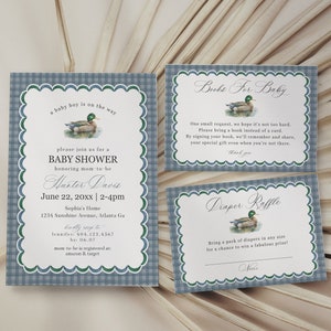 Mallard Baby Shower Invite Printable Template, Editable Lucky Duck Baby Shower Decor for Boy Adventure Duck Hunting Shower with Blue Gingham