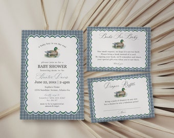 Mallard Baby Shower Invite Printable Template, Editable Lucky Duck Baby Shower Decor for Boy Adventure Duck Hunting Shower with Blue Gingham