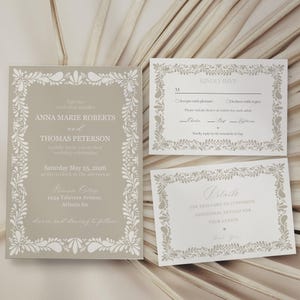 Beige Talavera Wedding Invite Printable Template, Neutral Spanish Tile Mexican Wedding Reception Fiesta, Papel Picado Ceremony WP1020