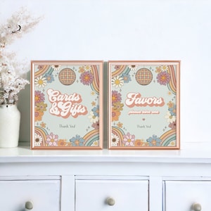 Groovy Blumenkarten und Geschenke Zeichen und Bevorzugungen Zeichen Sofort Download, Retro 70er Jahre Thema Baby Shower oder Geburtstag Party Girl Boho Hippie Dekor