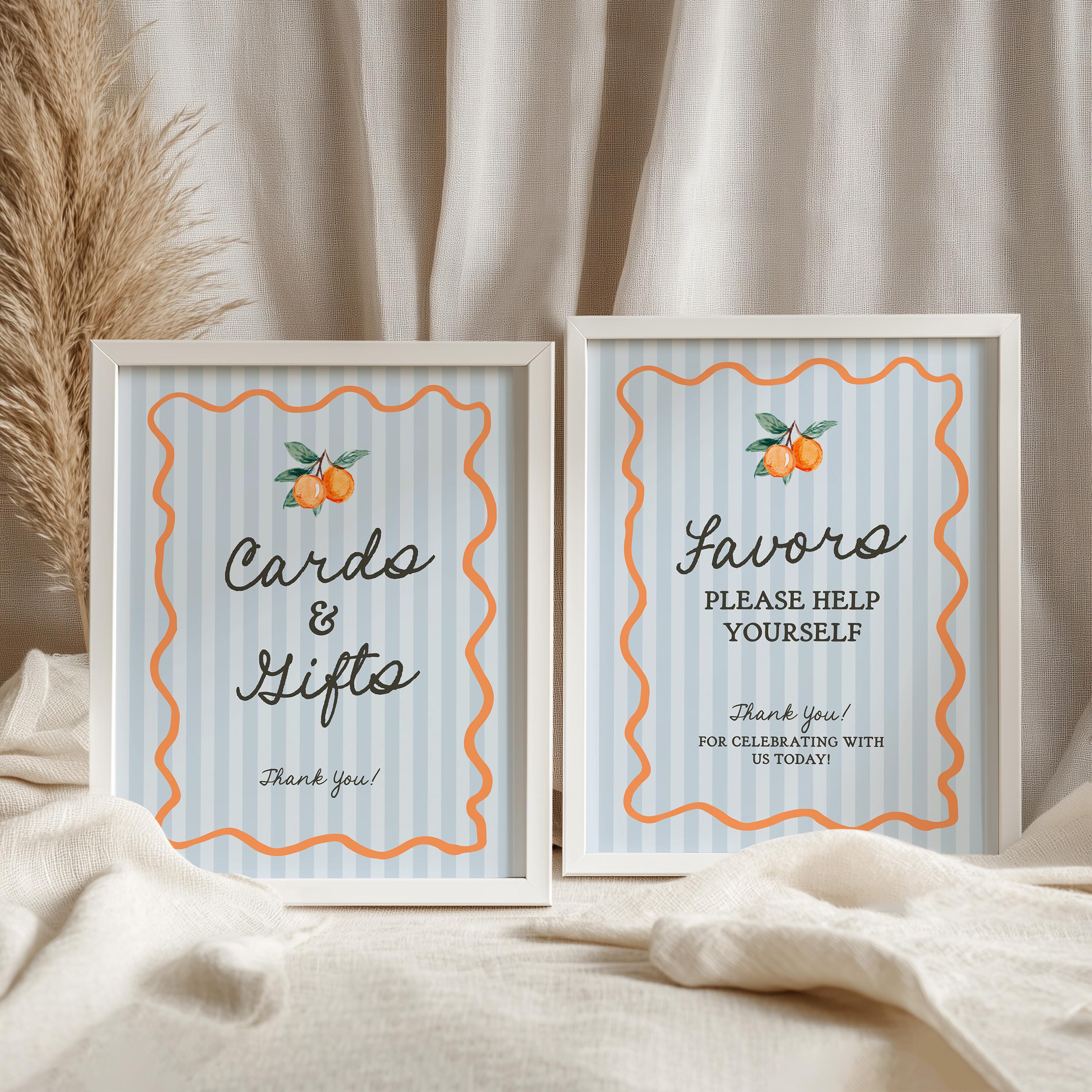 Blauwe Little Cutie kaarten en geschenken en gunsten teken sjabloon, hoofdsqueeze bruids douche, citrus babyshower decor zomer verjaardagsfeestje WP1052