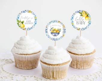 Amalfi Coast Baby Shower Cupcake Toppers Printable Template, Lemon Citrus Mediterranean shower decor with blue tiles, Italian theme, WP3016