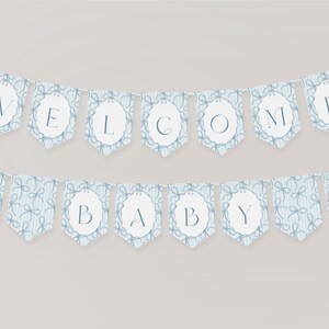 Blue Coquette Bow Baby Shower Banner Template, Pastel Blue Grandmillennial Theme Baby Sprinkle with Whimsical Hand Drawn Bows WP1061