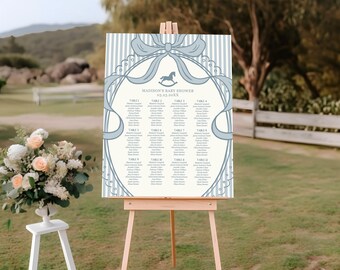 Blue Coquette Bow Rocking Horse Seating Chart Poster Template, Striped Preppy Baby Shower, Classic First Birthday Party WP1095