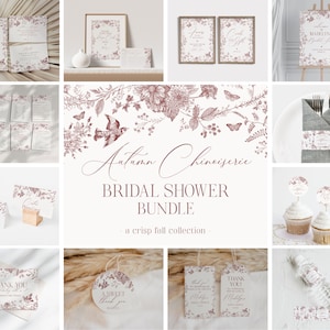 Op de afbeelding: Een bruidsdouche-uitnodigingspakket met een herfstthema. Het ontwerp heeft een chinoiserie-patroon met rode en witte bloemenillustraties. De tekst luidt "Autumn Chinoiserie Bridal Shower Bundle - a crisp fall collection -."