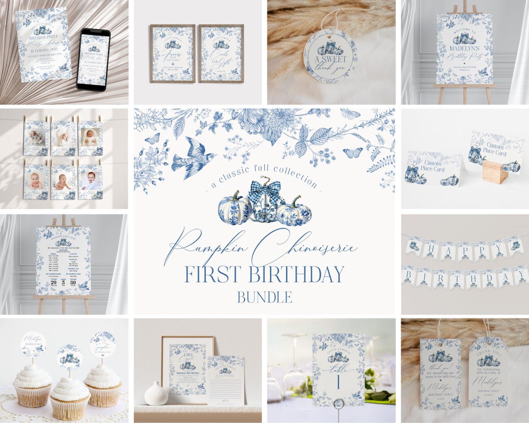 Blue Toile De Jouy First Birthday Bundle Printable Template, Blue Fall ...