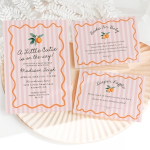 Modello di invito per baby shower con motivo "Little Cutie" rosa, granella di agrumi pastello per baby shower estivo, decorazione per baby shower retrò con clementine WP1050